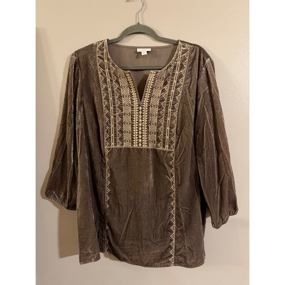 J. Jill Brown Velvet Embroidered Split Neck Tunic Top Petite Large